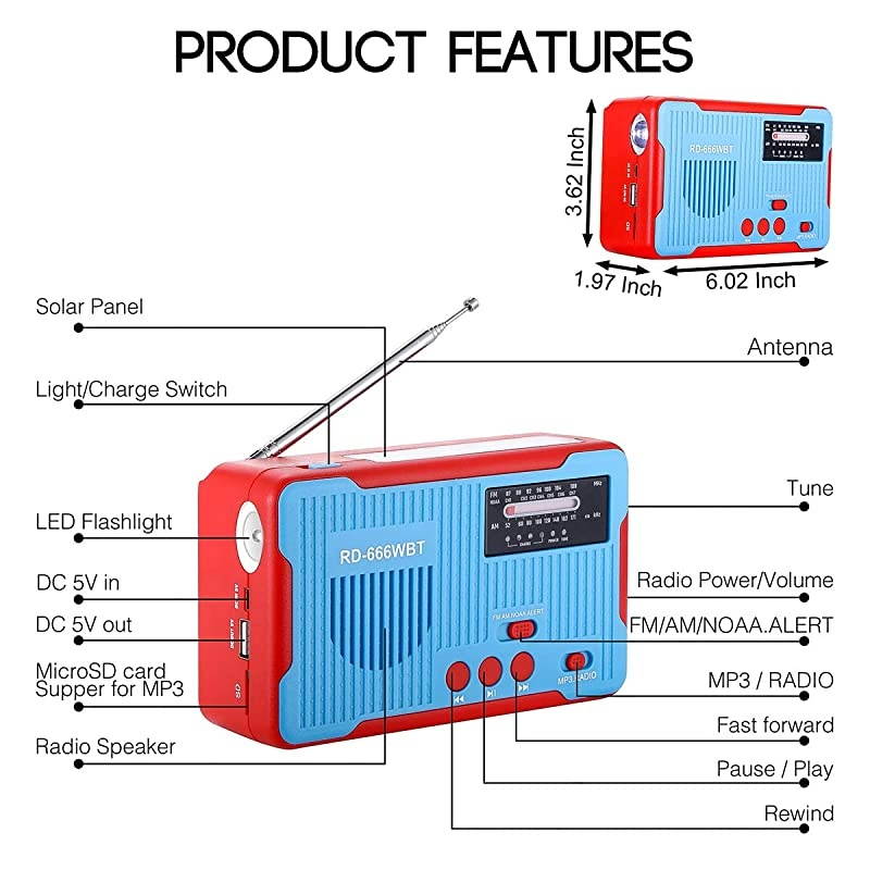Radios Hand Crank Self Powered Solar AMFM NOAA Weather Alert Radio with LED Flashlight MP3 Player and Large Power Bank 2300mAh for iPhoneSmart Phone ChargerBlue