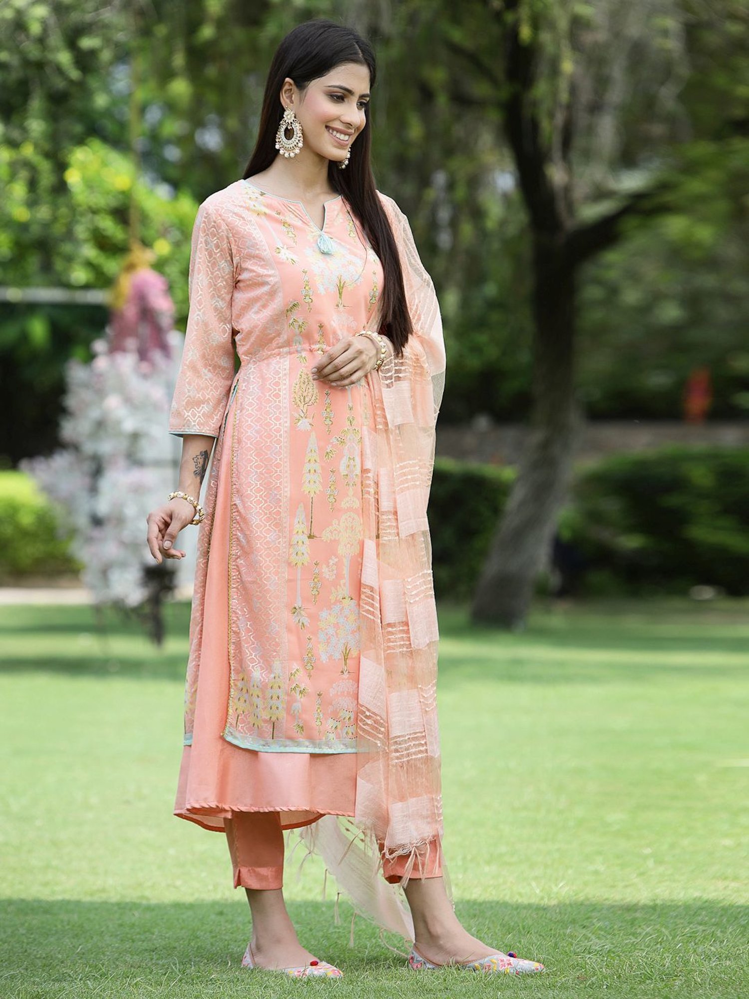 Juniper Orange Ethnic Motif Printed Georgette Kurta Pants & Dupatta Set With Tassels & Lace