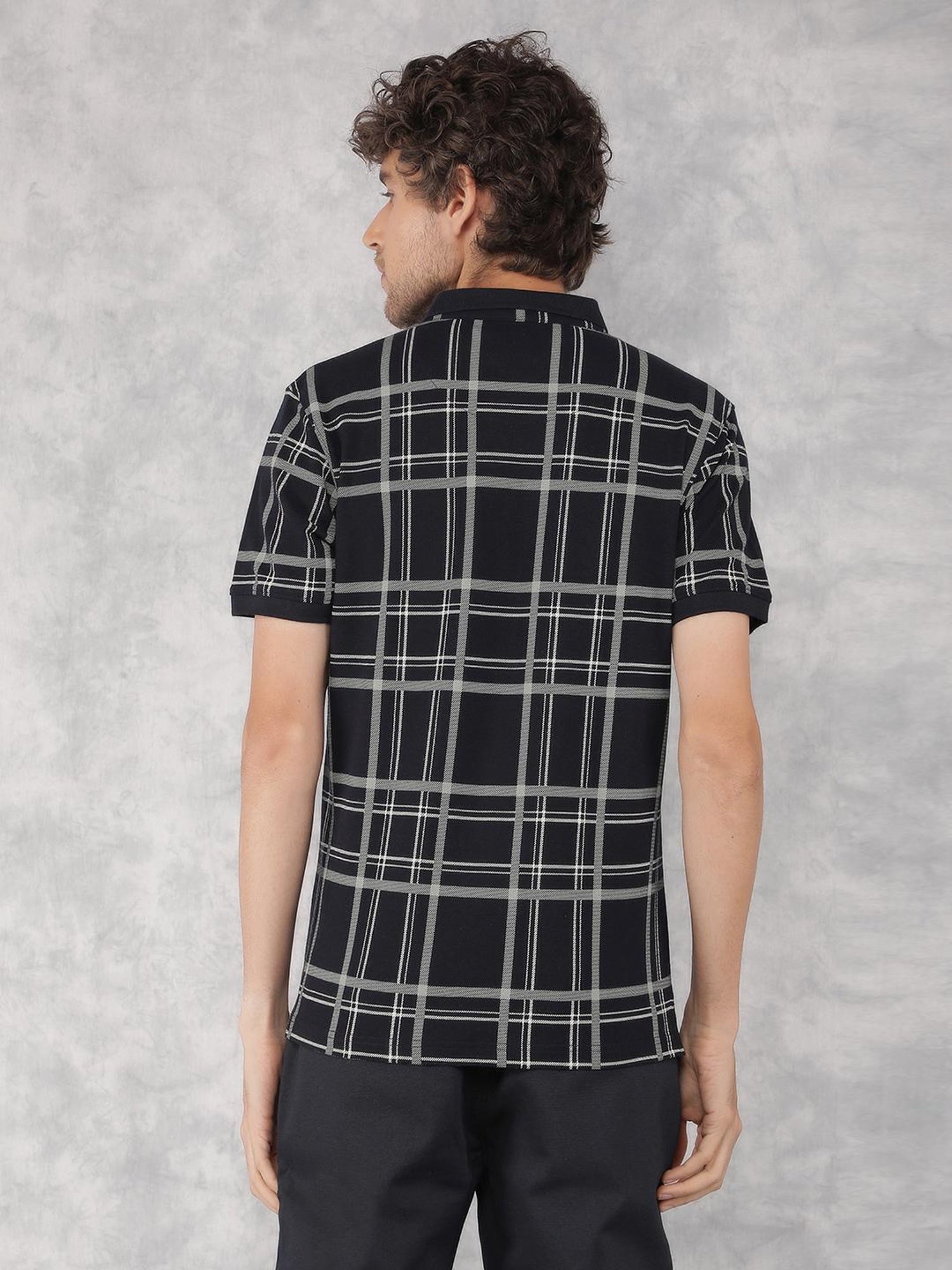 Crimsoune Club Navy Cotton Slim Fit Checks Polo T-Shirt