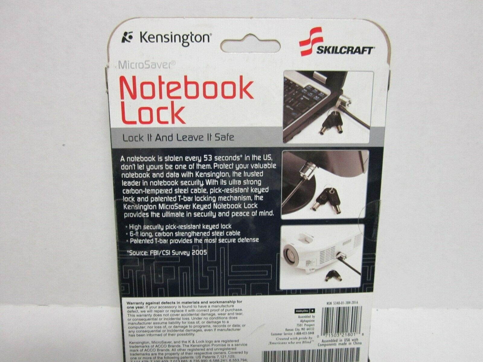 SKILCRAFT 5340013842016 Laptop Security Lock And Cable, 6ft, Two Keys, Silver