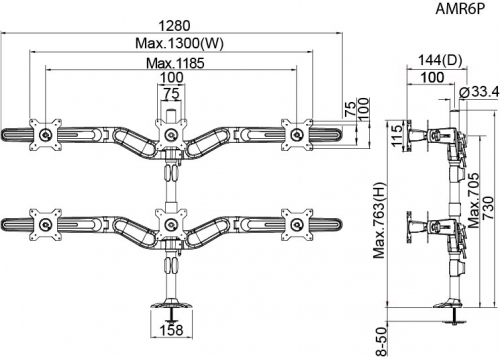 Hex Monitor Mount Grommet Base. Supports 6 LED or LCD Monitors mounted with 75mm or 100mm VESA