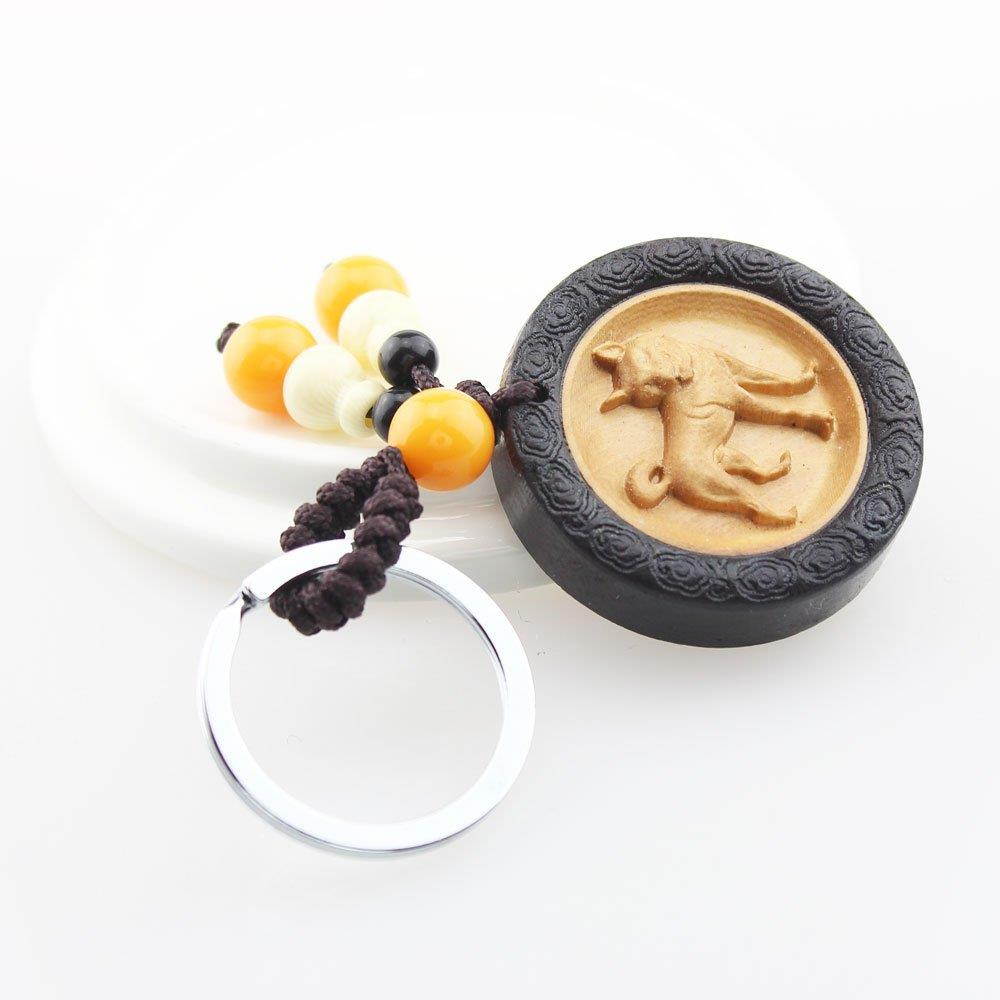 FOY-MALL Unisex Chinese Zodiac Dog Ebony Wood with Boxwood Inlay Key Chain M1084