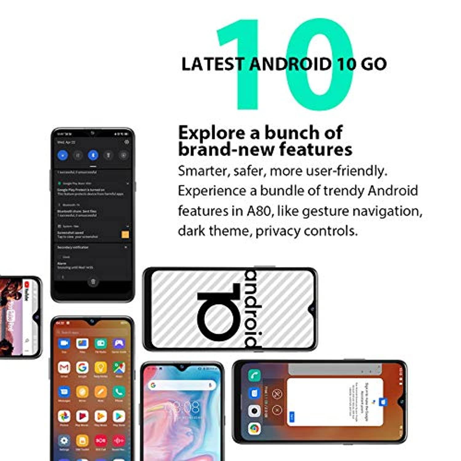 Blackview A80, Android 10, HD+ 6.2 inch, 2GB+16GB+128GB Expandable, 4G Unlocked Smartphones, 13MP Quad Camera, Fingerprint, Face Unlock, WiFi Calling, Unlocked for at and t, Unlocked for tmobile (Blac