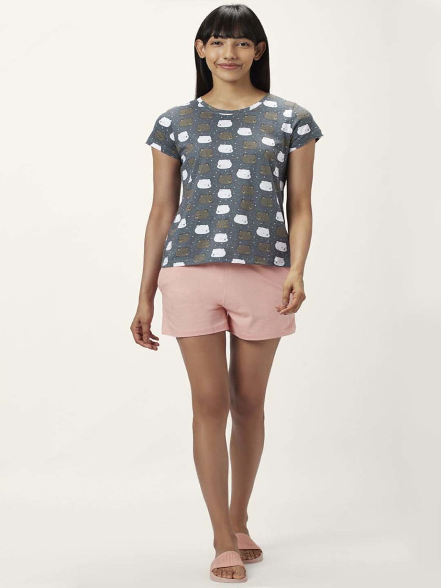 Dreamz by Pantaloons Grey Pink Cotton Graphic Print T-Shirt Shorts Set
