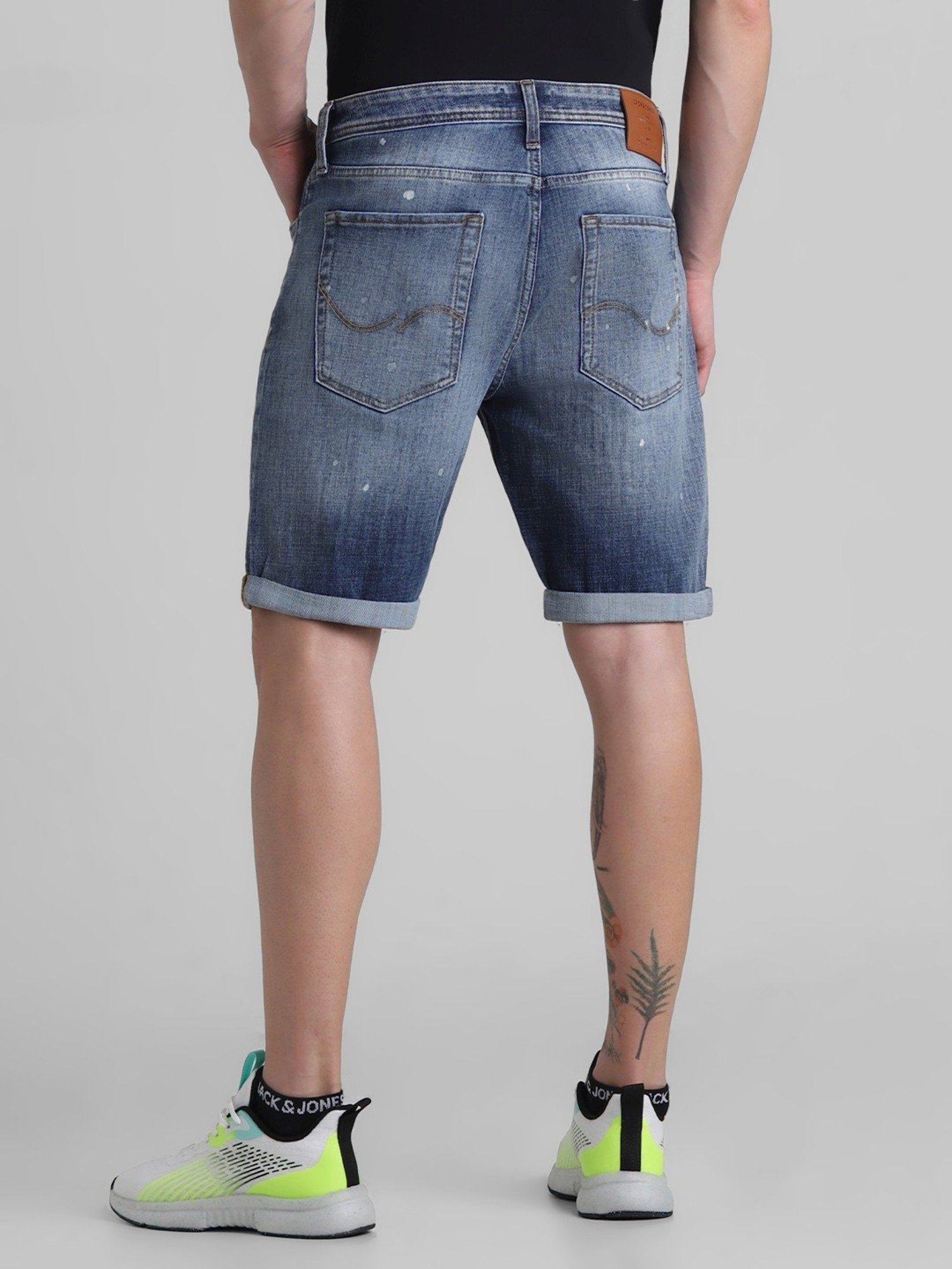 Jack & Jones Medium Blue Denim Cotton Regular Fit Distressed Denim Shorts