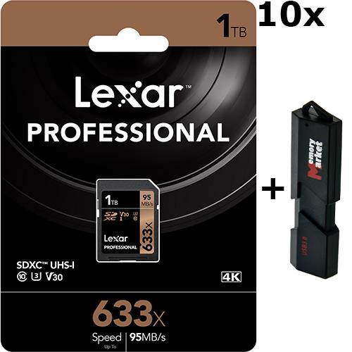 10 PACK - Lexar 1TB SDXC Professional 633x UHS-1 U3 SD XC Memory Card LSD1TCB633 LOT OF 10 with MemoryMarket USB 3.0 Dual Slot Card Reader