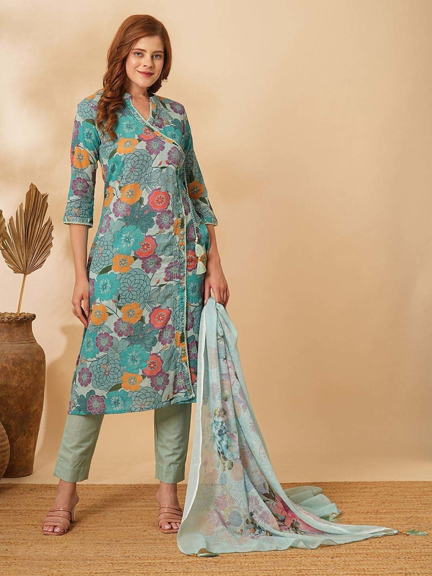 Fashor Mint Green Cotton Floral Print Kurta & Pant Set With Dupatta
