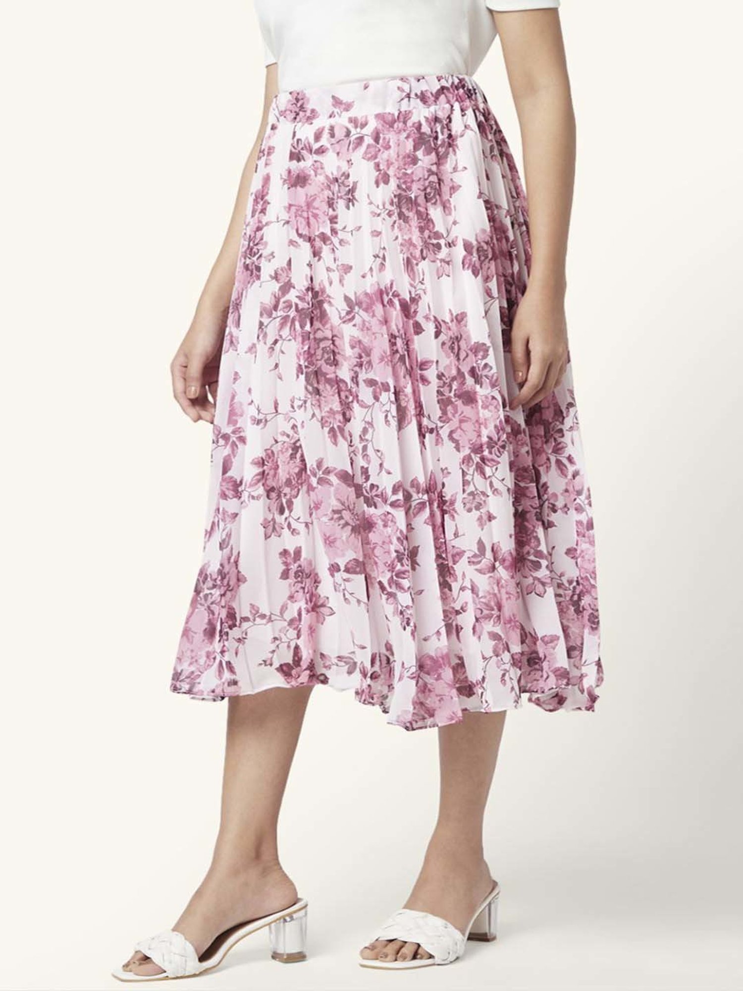 Honey by Pantaloons Off-White & Purple Floral Print A-Line Skirt