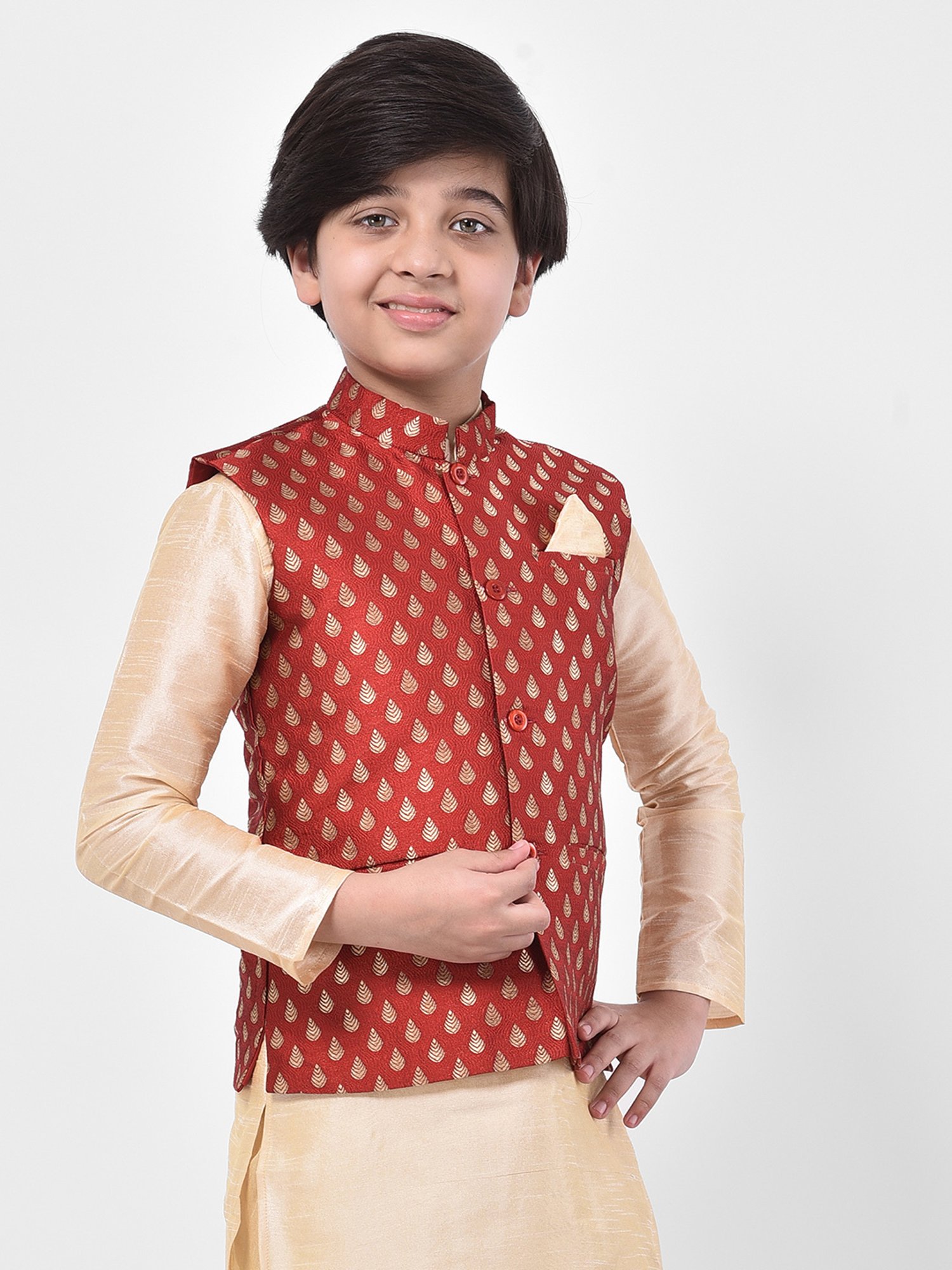 Deyann Kids Red Embroidered Nehru Jacket