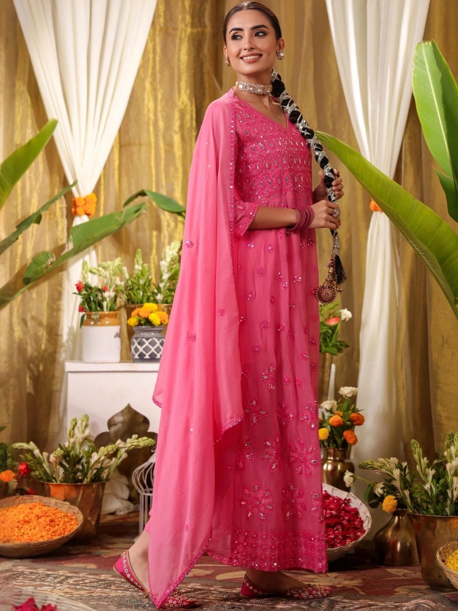 SCAKHI Coral Mulmul Mirror & Sequin Embroidered Anarkali and Pant With Dupatta