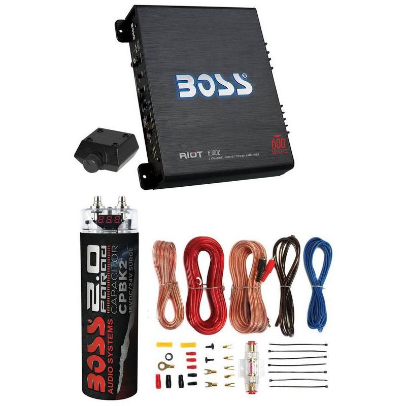 Boss R3002 600W 2-Channel Amplifier + Remote + 2 Farad Car Capacitor + Amp Kit