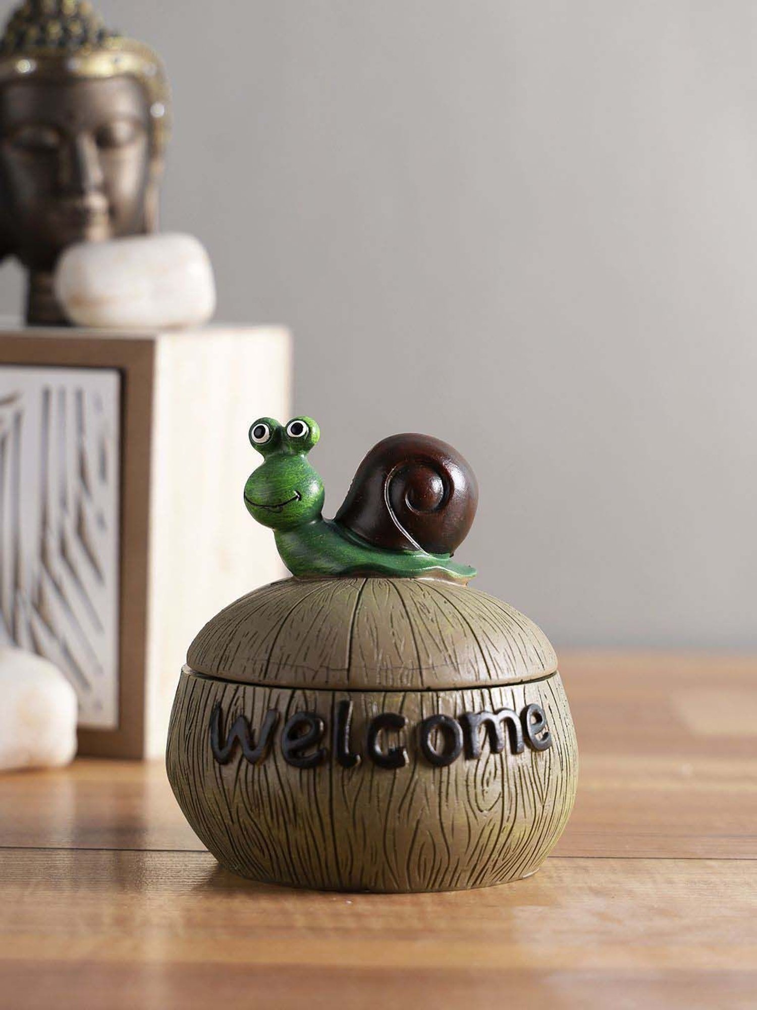 Tayhaa Brown & Green Polyresin Snail Jar Showpiece