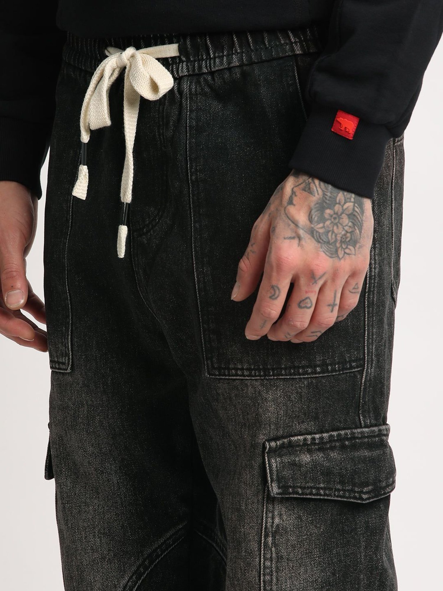 The Bear House Black Cotton Straight Fit Cargo Jeans