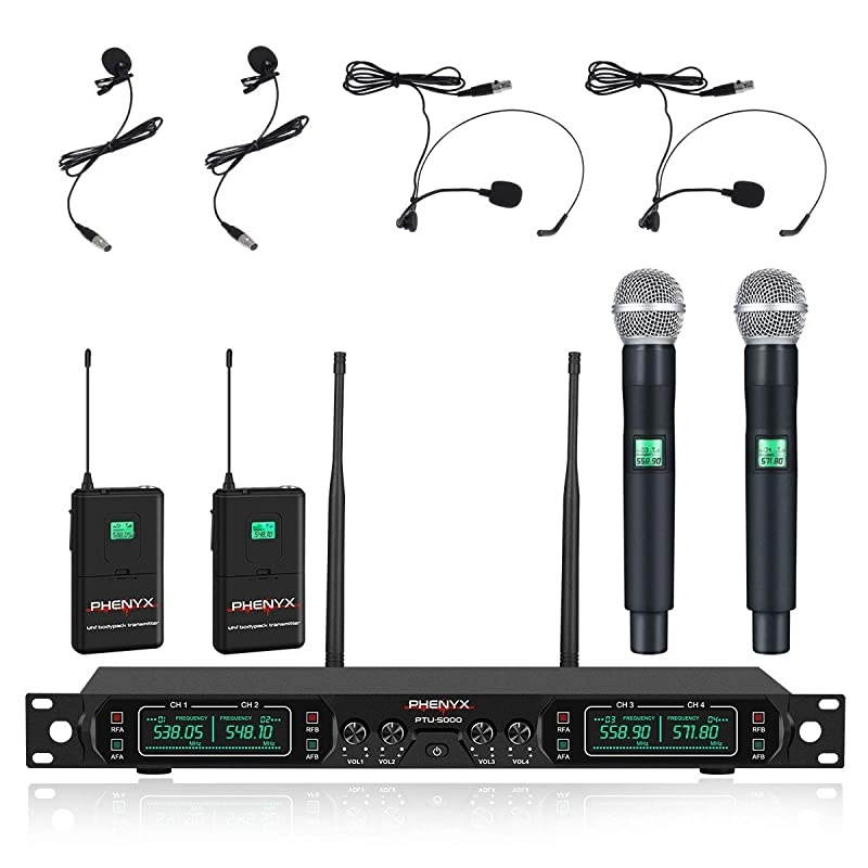 Wireless Microphone System,  4-Channel UHF Cordless Mic Set with Handheld/Lapel/Headset/Bodypack, Rugged Metal Build, Fixed Frequency, Long Range, Ideal for Church,Karaoke,Events(PTU-5000B)