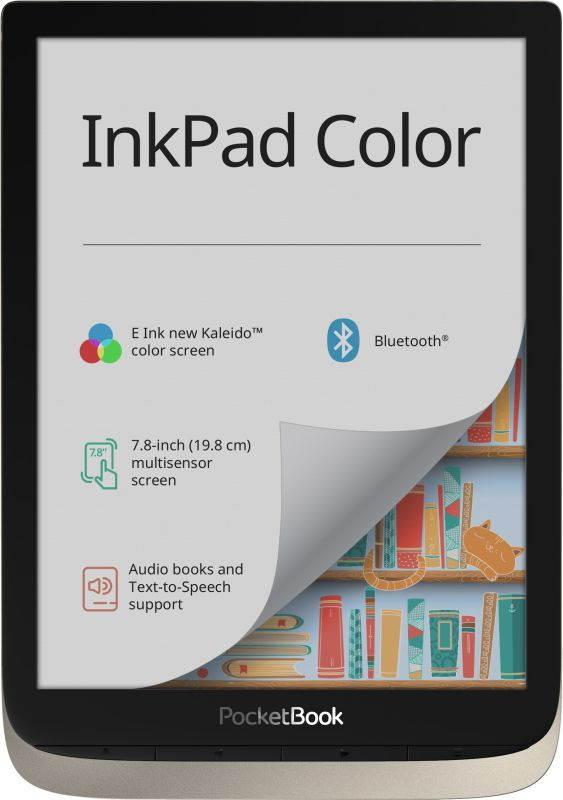 PocketBook InkPad Color. 7.8'" E Ink new Kaleido&trade;; Frontlight; Dual Core (2x1 GHz); RAM: 1GB; Internal storage: 16GB; Accumulator: 2900 mAh (Li-Ion Polymer); Audio.