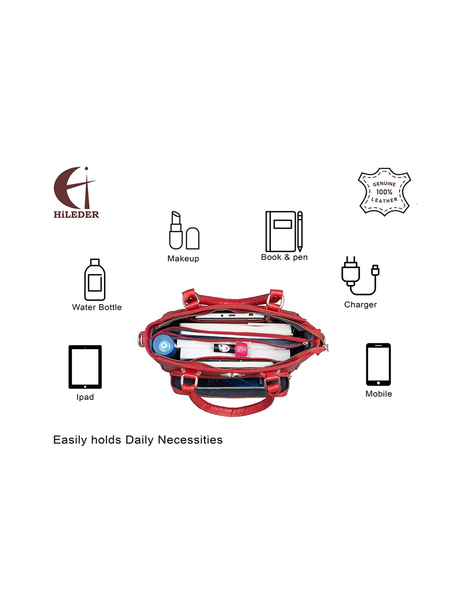 HiLEDER Red Solid Medium Satchel Handbag