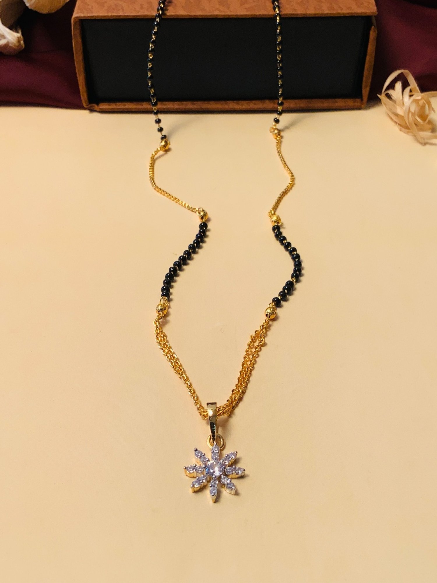 Abdesigns Gold-Plated American Diamond & Black Beaded Mangalsutra
