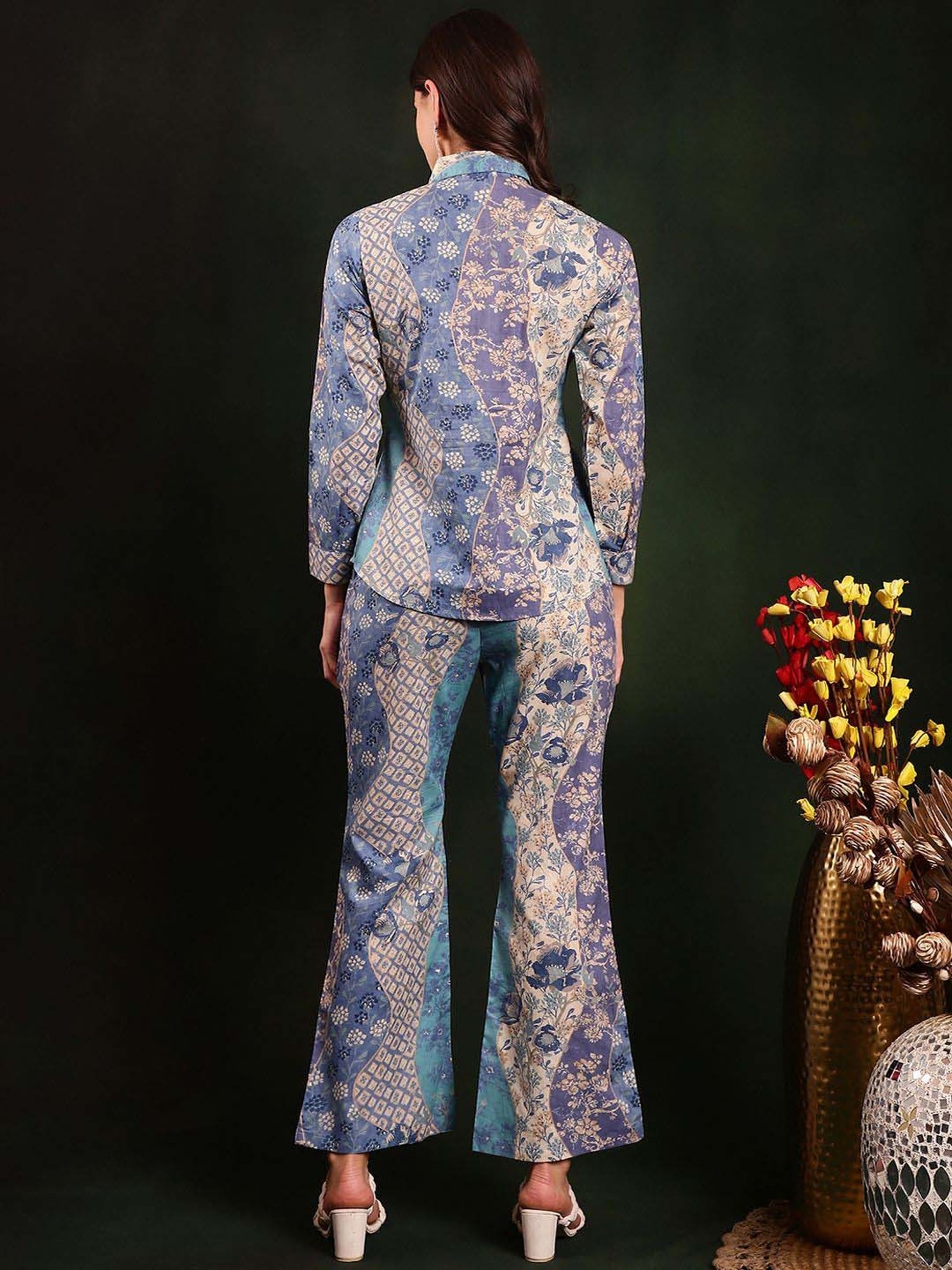 Claura Blue Cotton Printed Shirt Pant Set