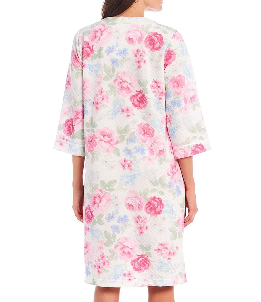 Miss Elaine Petite Cottonessa Floral Print Quilt-In-Knit Zip Front Robe