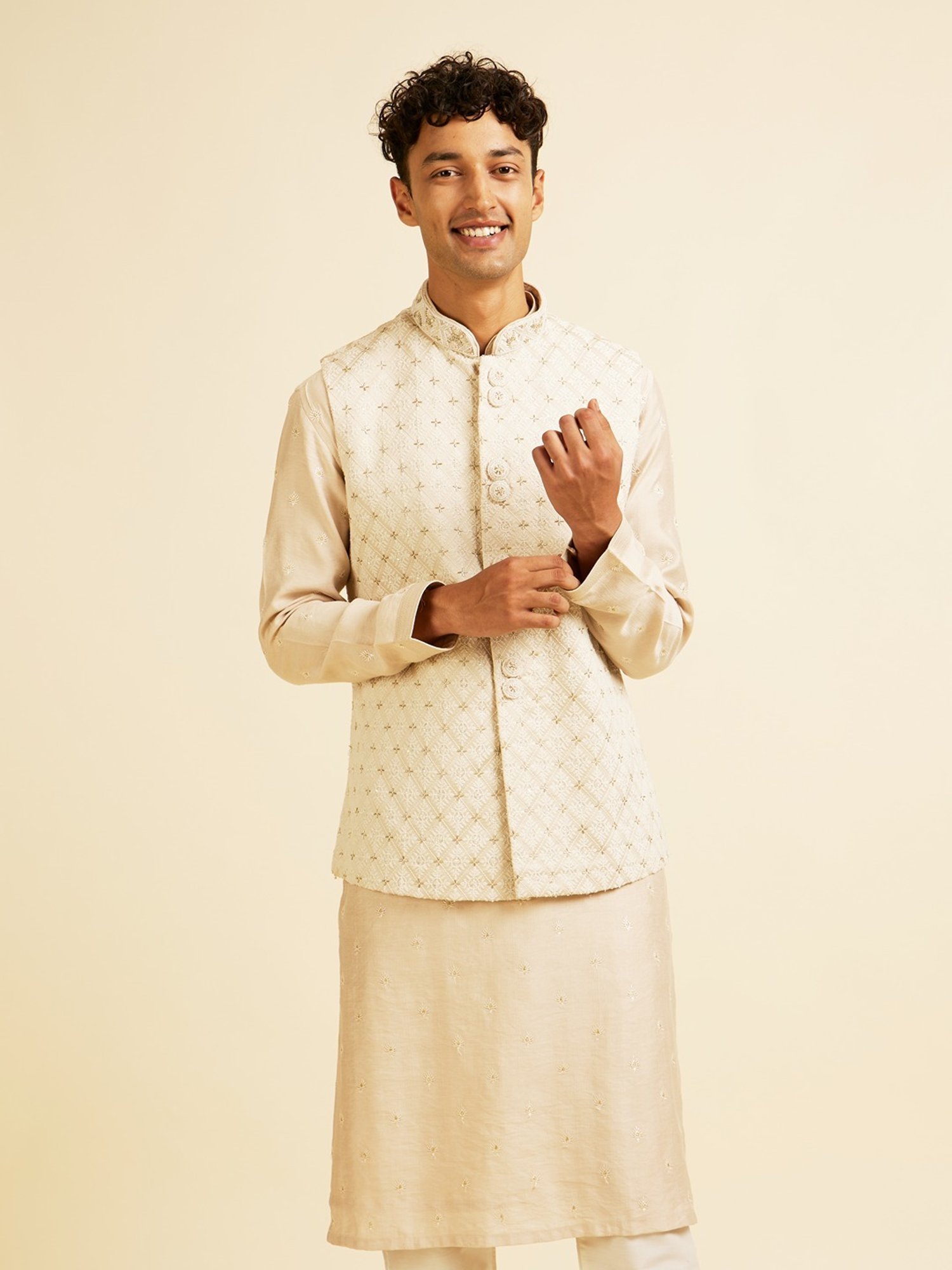 Manyavar Beige Regular Fit Embroidered Nehru Jacket