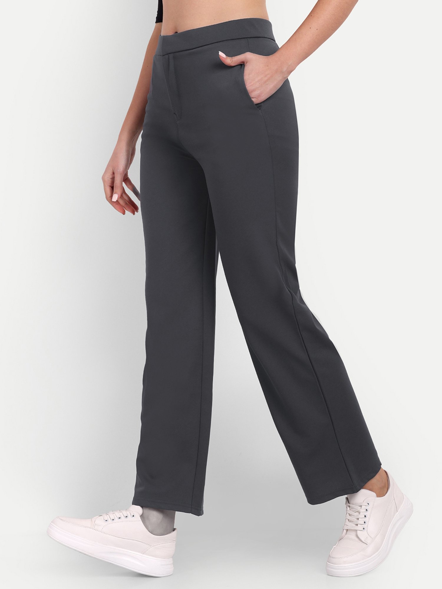 Broadstar Grey Straight Fit High Rise Trousers