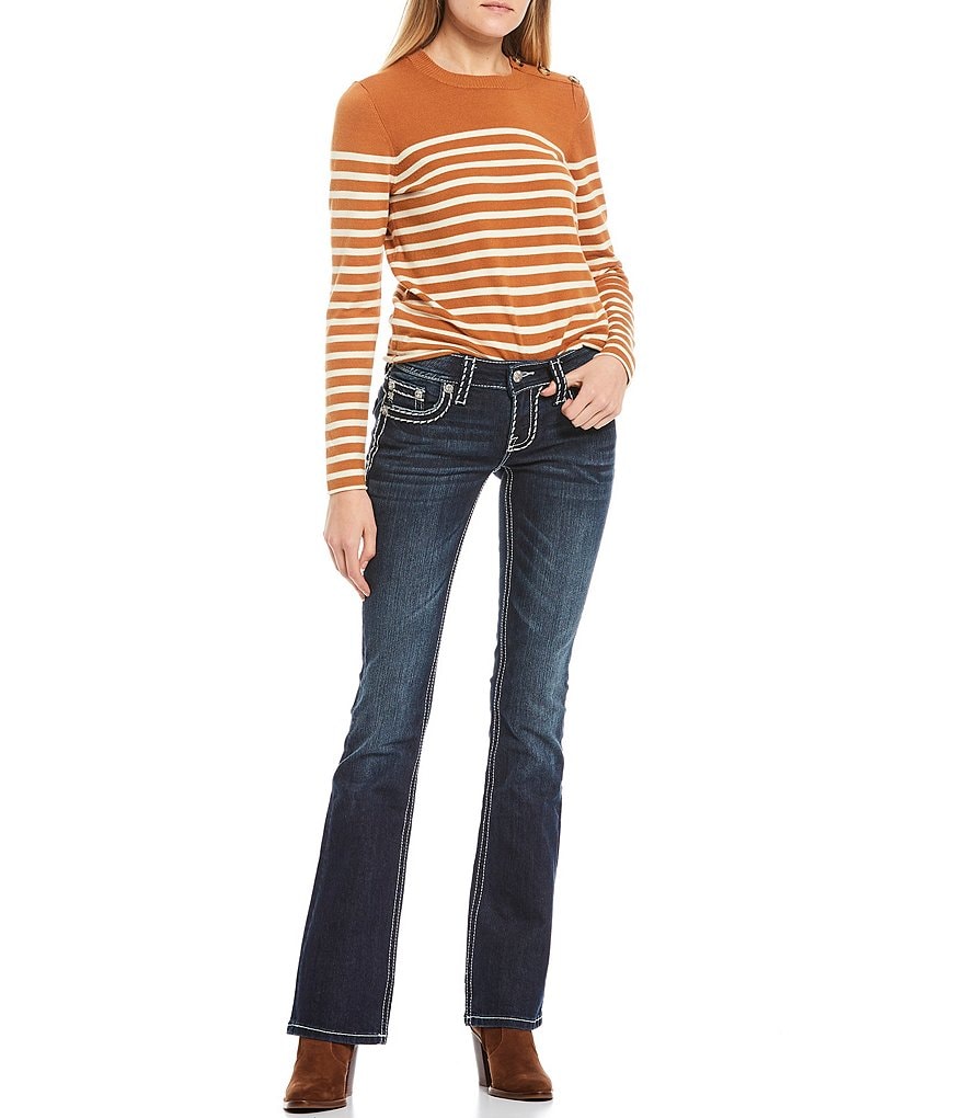 Miss Me Loose Saddle Border Stitch Flap Pocket Mid Rise Bootcut Jeans