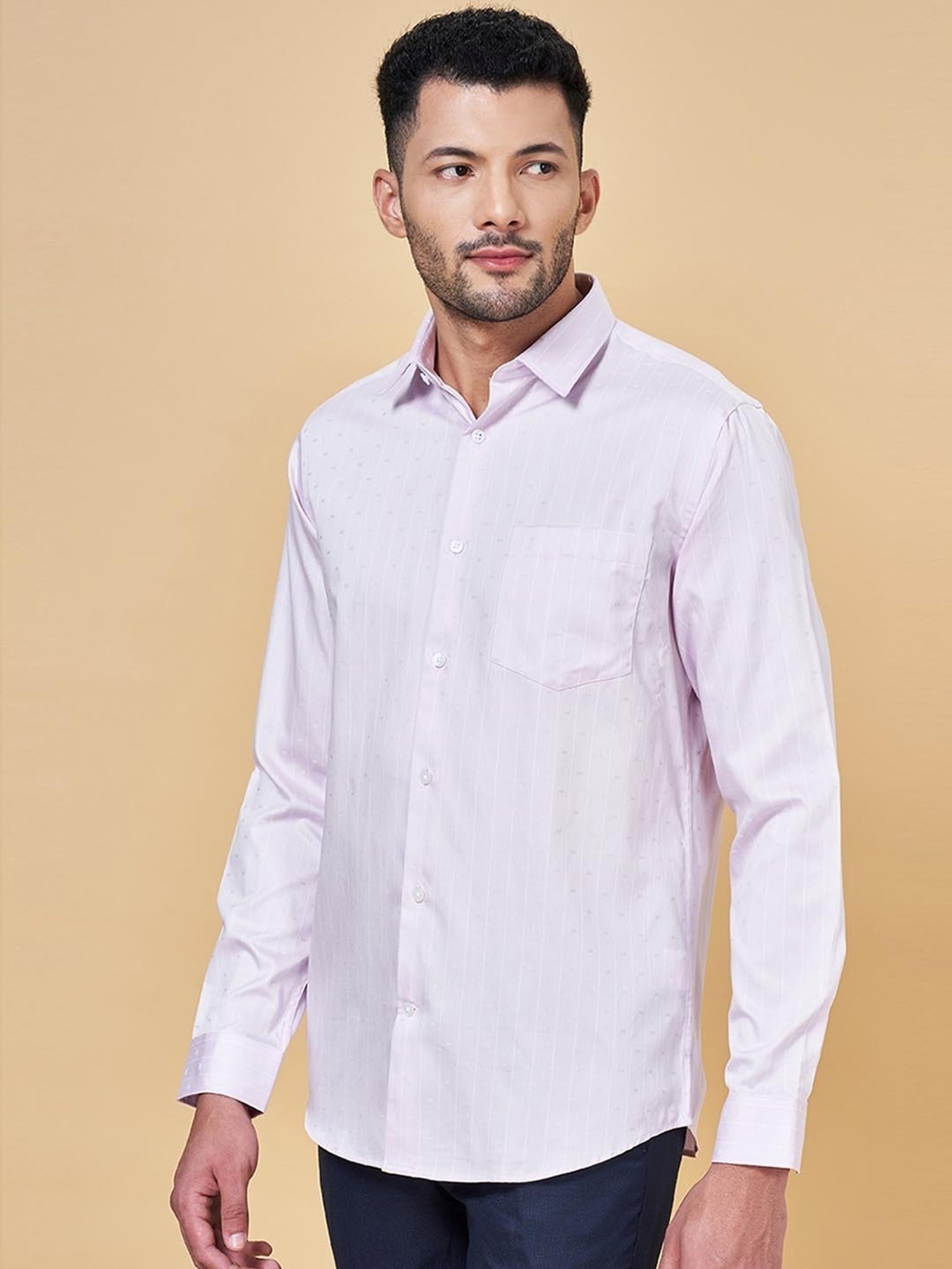 Peregrine by Pantaloons Pink Cotton Slim Fit Self Pattern Shirt