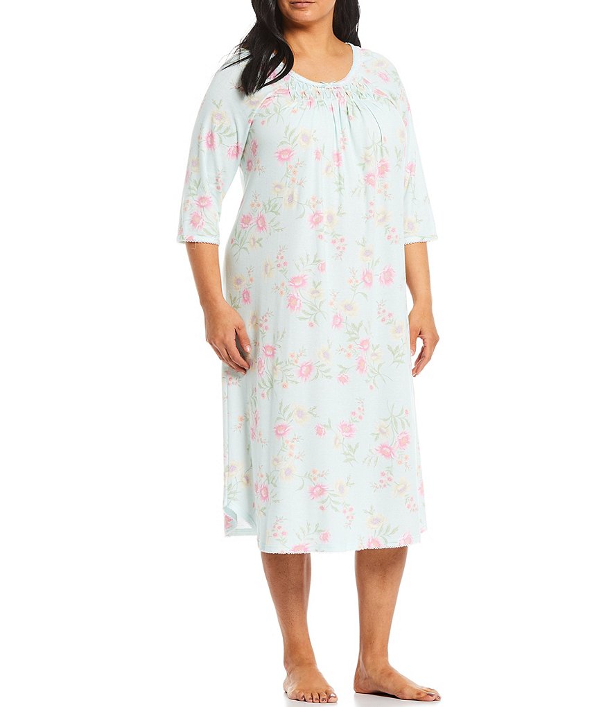 Miss Elaine Plus Cottonessa Floral Print Knit Long Nightgown