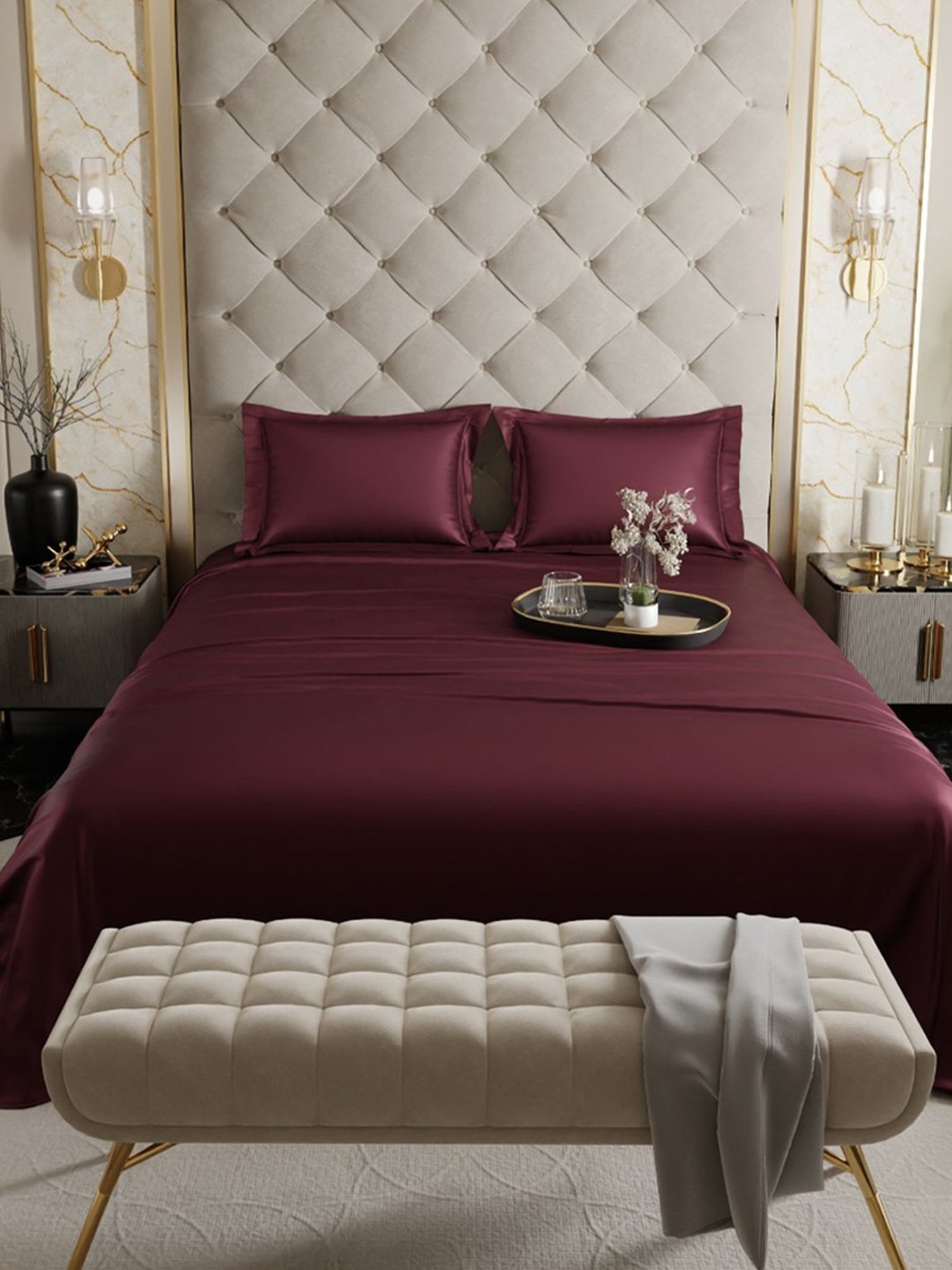 Stoa Paris Date Night Collection Velvet Wine Polyester 300 TC Double Bed Sheet With 2 Pillow Covers