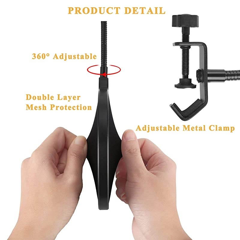 Microphone Pop Filter Mask Shield For Microphone  Dual Layered Wind Pop Screen With Flexible 360&deg;Gooseneck Clip Stabilizing Arm