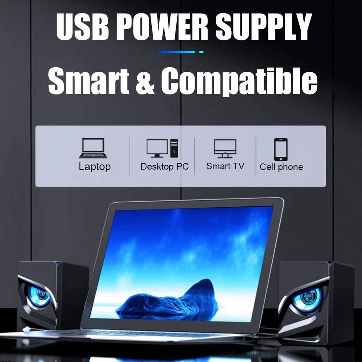 Computer Speakers, Blue LED Speaker with Sharp Eye USB Powered 3.5mm Stereo Audio for PC, MP3 Player, Laptops, Smartphone, Black, SK10