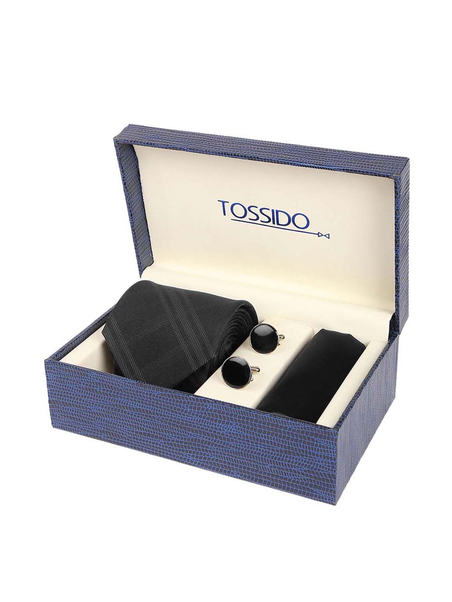 Tossido Black Woven Necktie With Pocket Square and Cufflinks