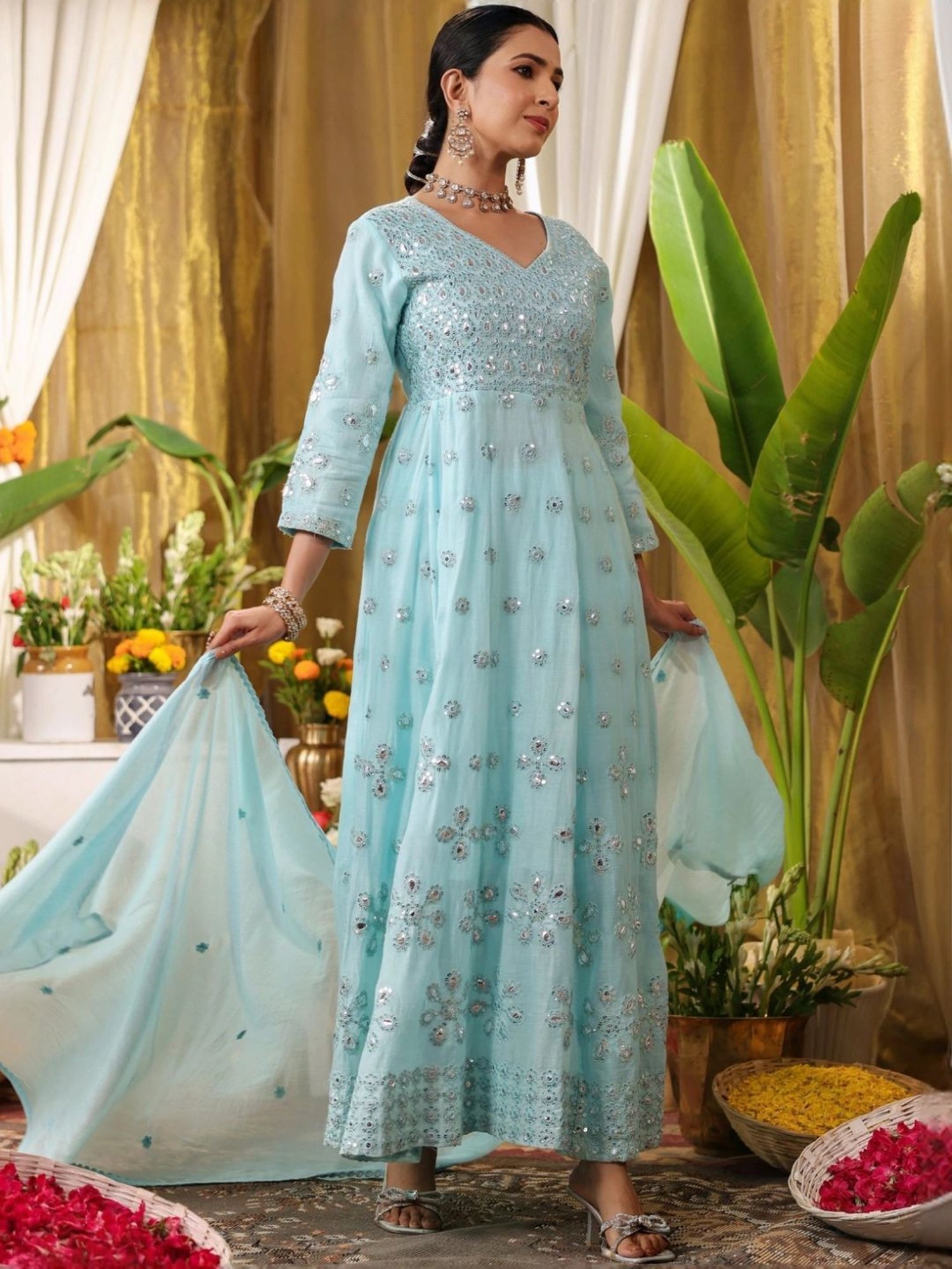 SCAKHI Aqua Mulmul Mirror & Sequin Embroidered Anarkali and Pant With Dupatta