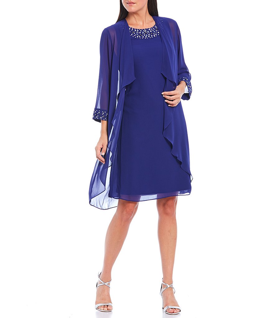 Kay Unger Long Bishop Sleeve V-Neck Crepe A-Line Dress