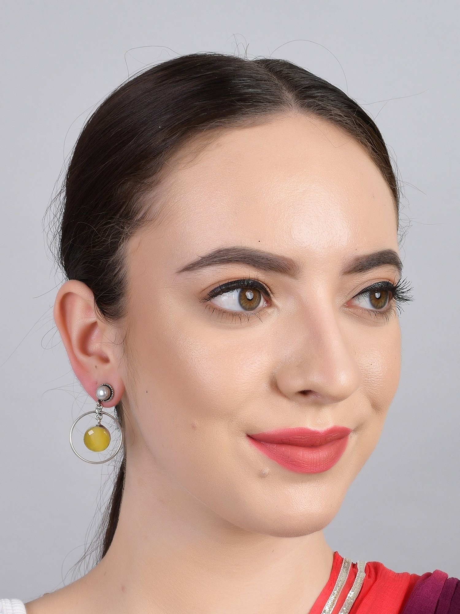 Imli Street Yellow-White Silver Tone Stone-Studded Handcrafted Drop Earrings