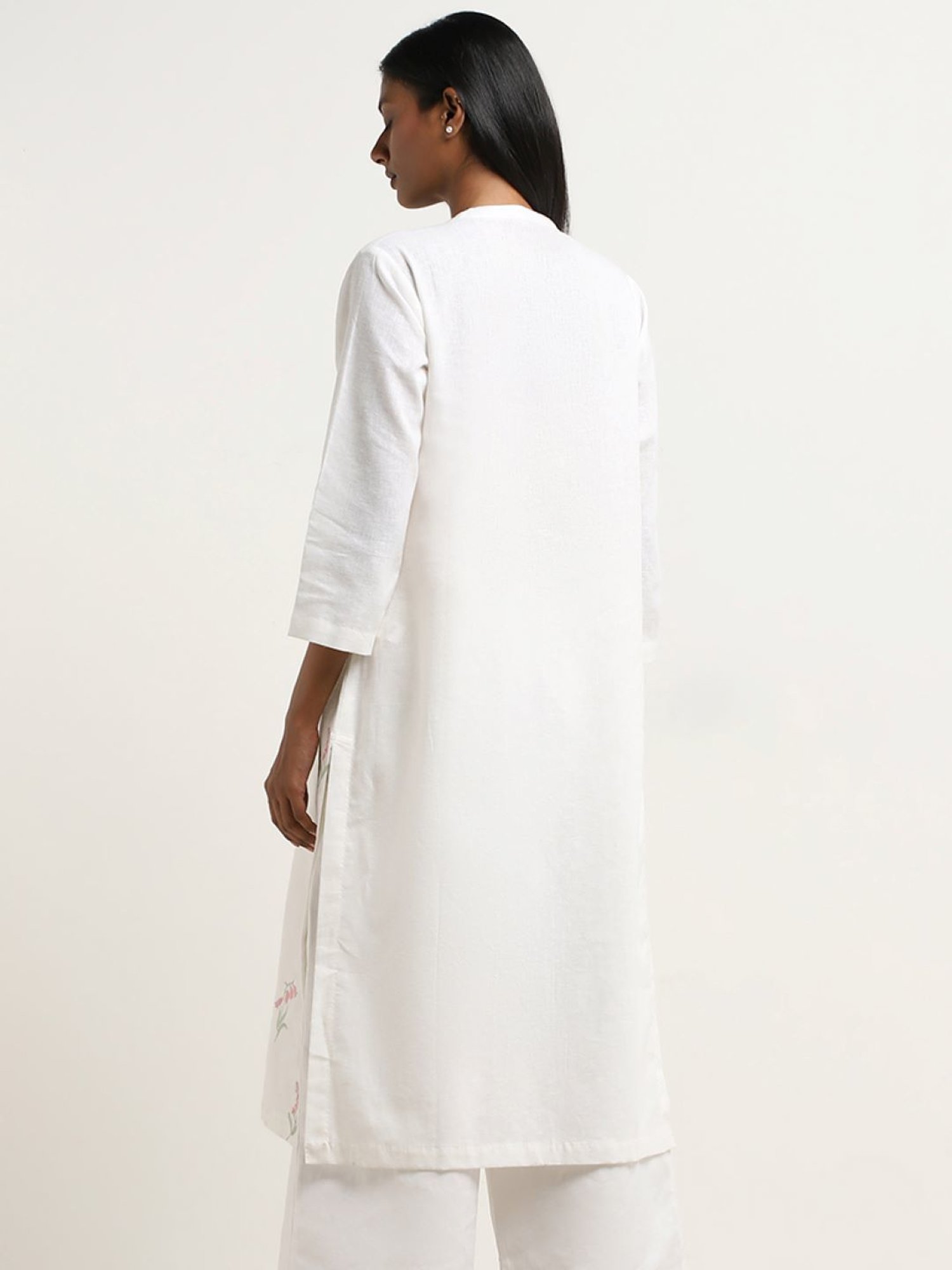 Zuba by Westside White Floral Embroidered A-line Cotton Kurta