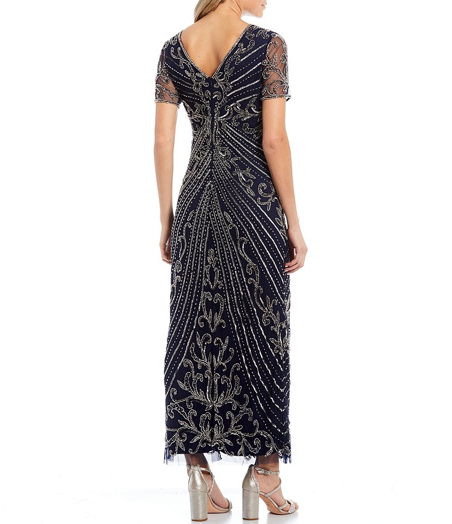 Pisarro Nights Long Beaded Illusion Neck Short Sleeve Gown
