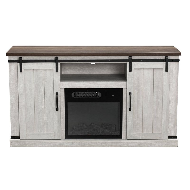 54" Sliding Doors TV Stand For TVs up to 60" with Electric Fireplace Saw Cut Off White - Home Essentials