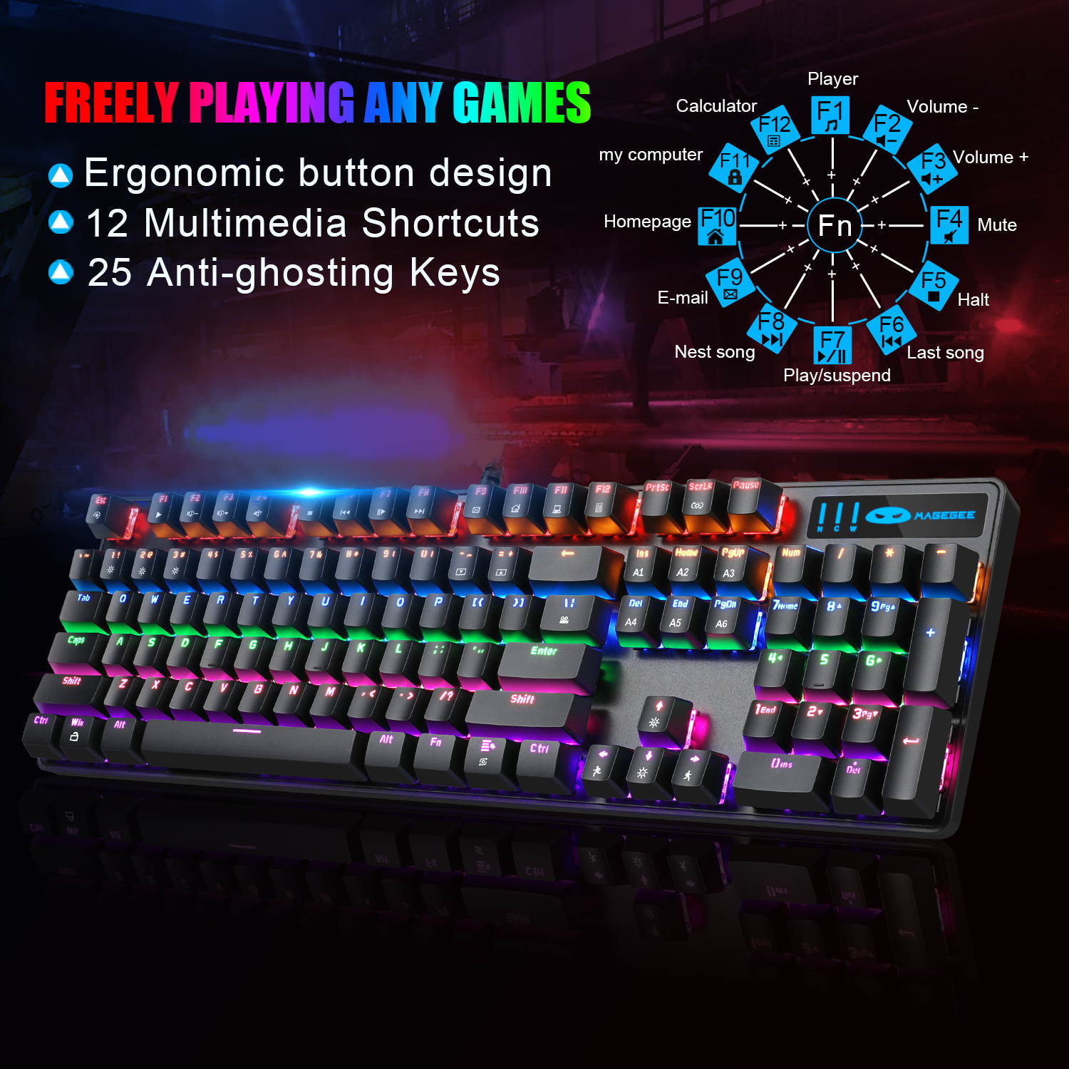 Mechanical Gaming Keyboard and Mouse Combo, MageGee MK-Storm 104 Keys Rainbow Backlit Keyboards, Black Switches, 7 Button Mouse Wired for PC Gamer Computer Laptop