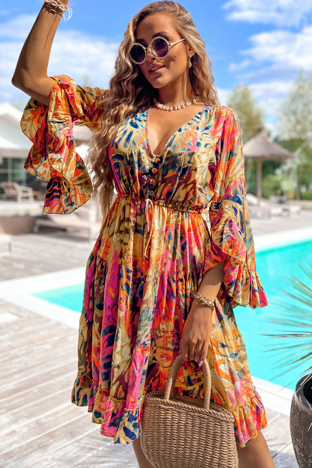 Multicolour Floral Print Split Neck Midi Dress