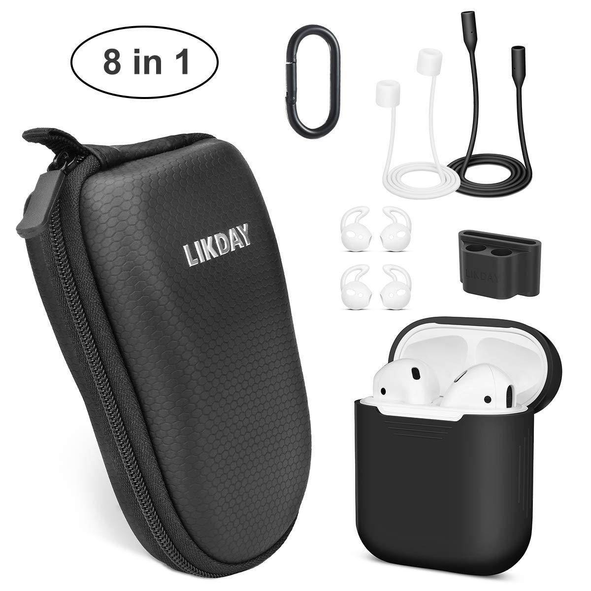 8 in 1 Airpods Accessories Set, Likday Silicone Case Cover Set for Apple Airpods with (Holder, Earhooks, Earphone Case, Strap,EVA Hard Shell Box, Carabiner) (Black Box & Black Case)