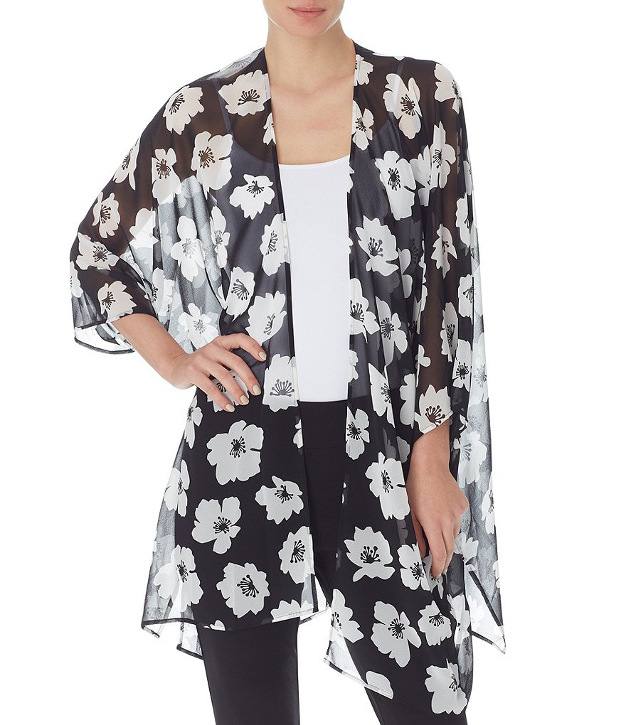 Ali Miles Printed Button Front Floral Wire Neck 3/4 Bell Sleeve Jacket