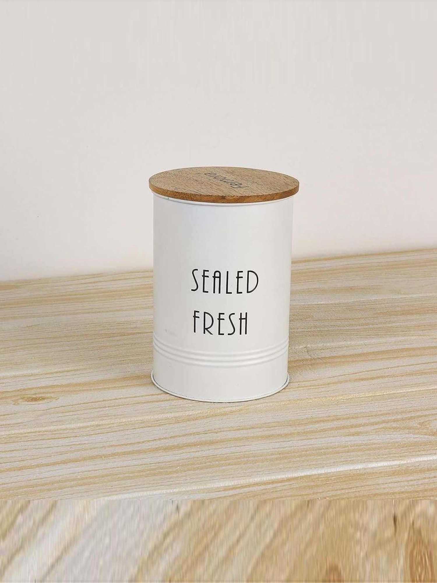Femora White Steel Canister Airtight Sealed Fresh Storage Jar With Wooden Lid (0.9 L) - Set of 4