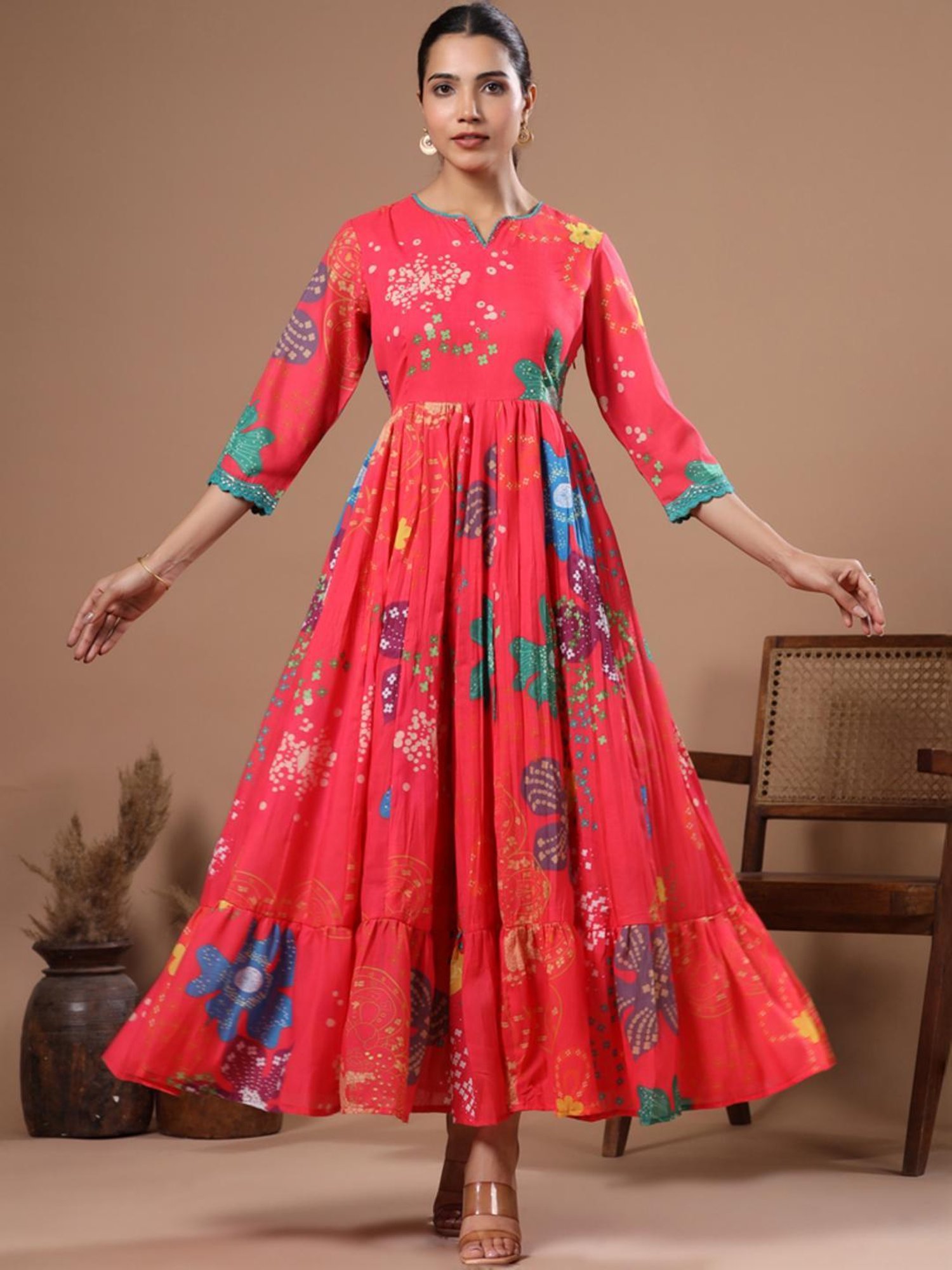 Fashor Pink Cotton Printed Maxi Dress