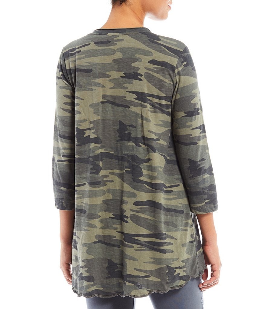 Karyn Seo Mari Embroidered V-Neck 3/4 Sleeve Camo Print Cotton Tunic