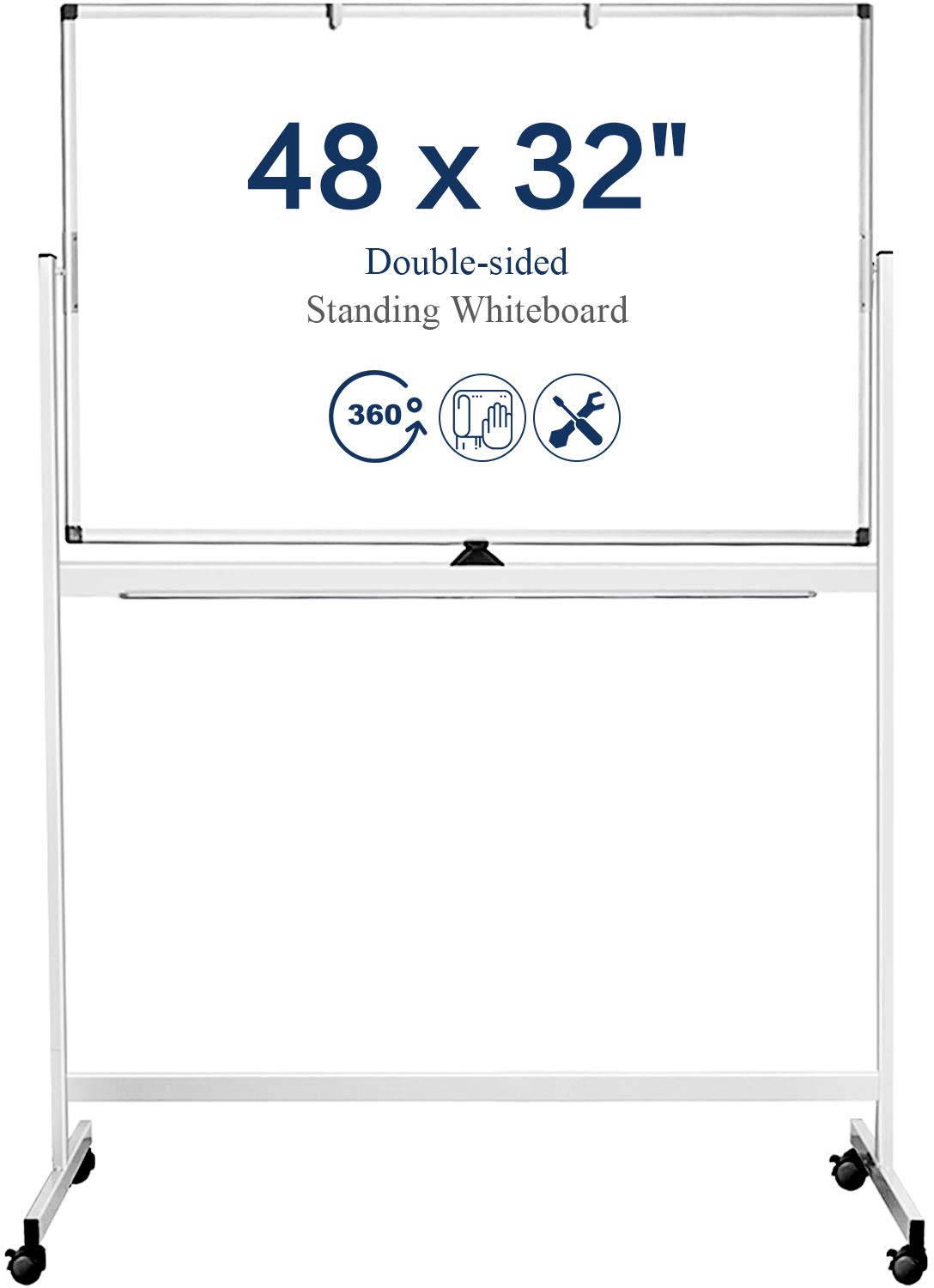 Mobile Whiteboard, 48 x 32 Inches Double Sided Dry Erase Board with Stand Magnetic White Board Easel Stand Board on Wheels with 6 Magnets, 3 Markers, 1 Magnetic Dry Eraser for Home, Office, Teaching