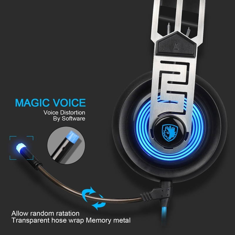 SADES A7 Gaming Headset Wired Headphone with with microphone+Wire Control + Light for PC, Laptop , (Black+Blue)