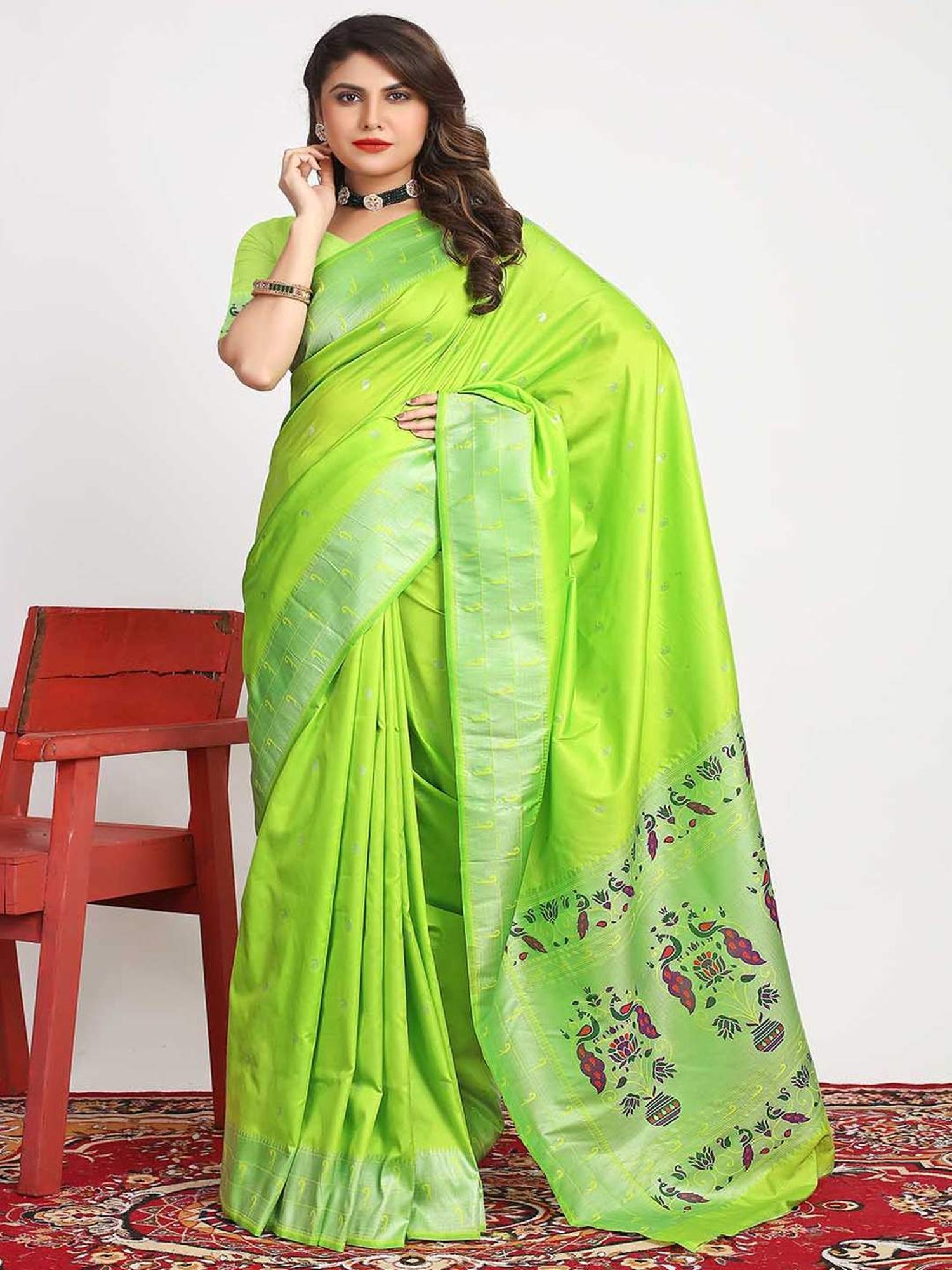 SHUBHKALA Green Silk Woven Saree With Unstitched Blouse