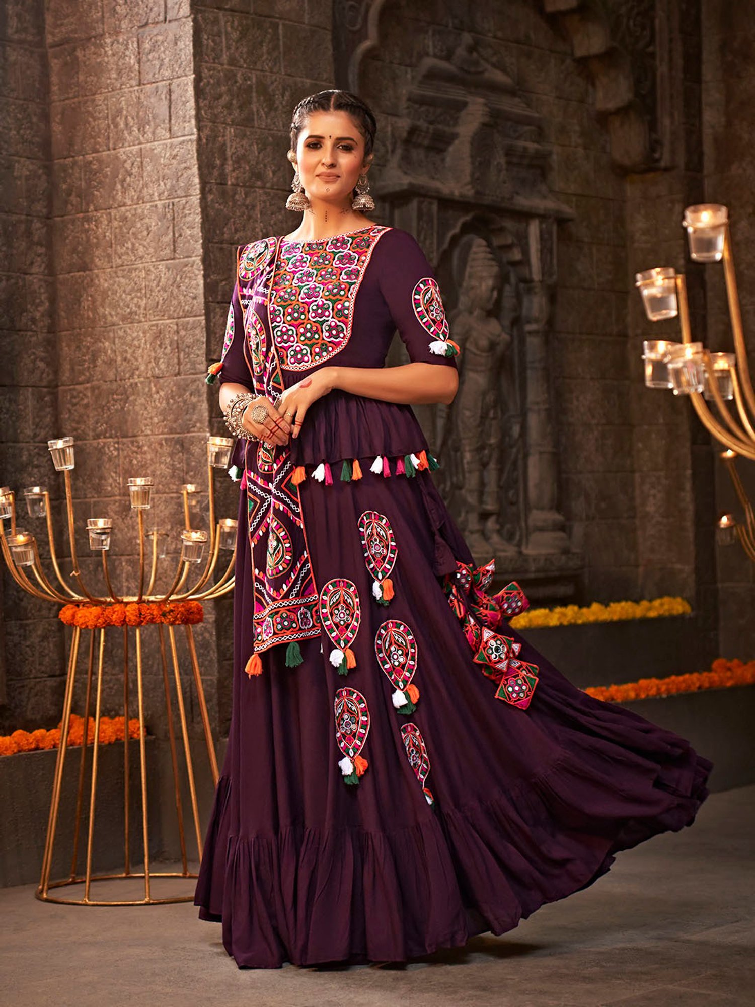 SHUBHKALA Purple Embroidered Lehenga Choli Set With Dupatta