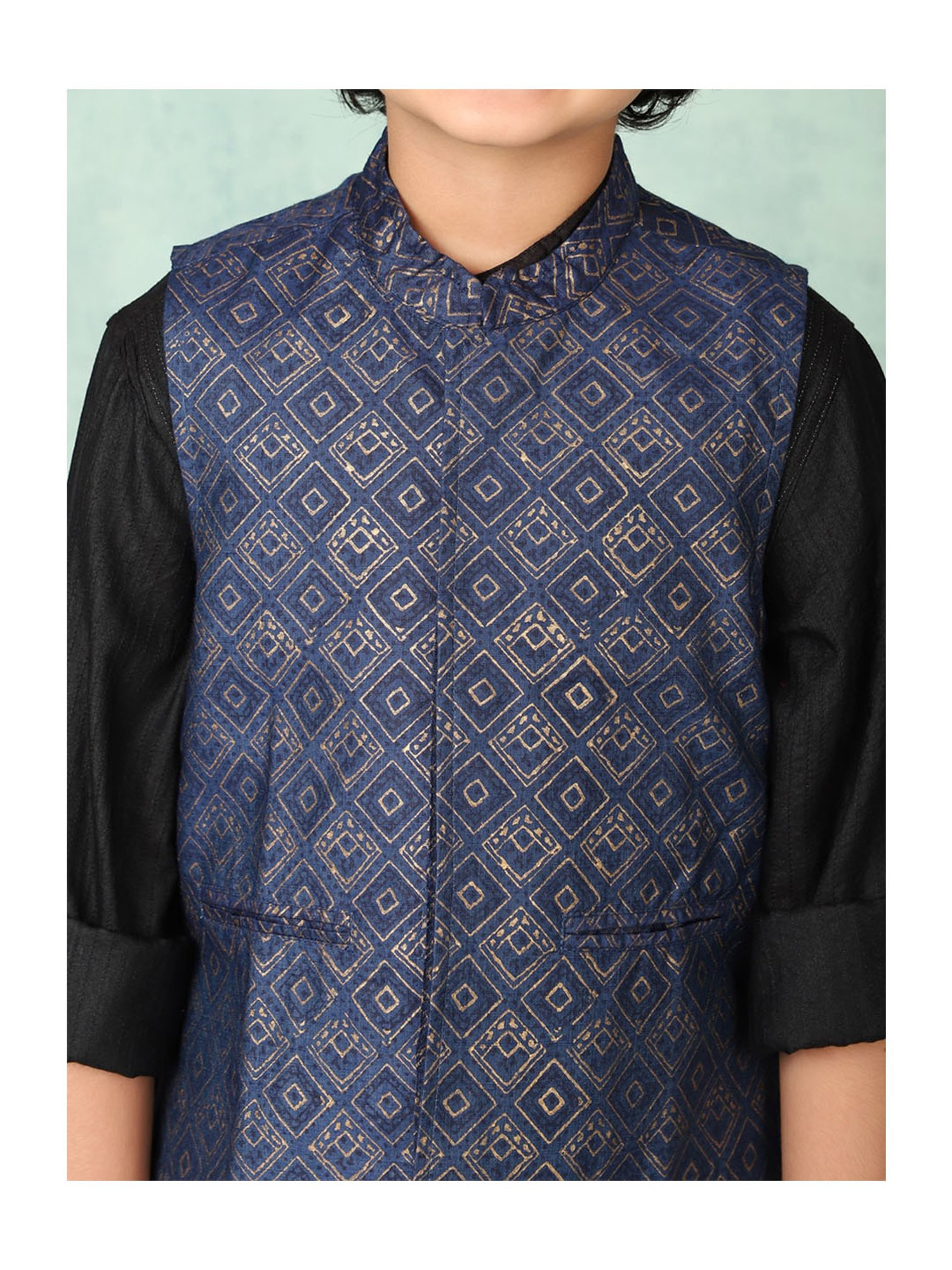 Fabindia Kids Blue Printed Nehru Jacket